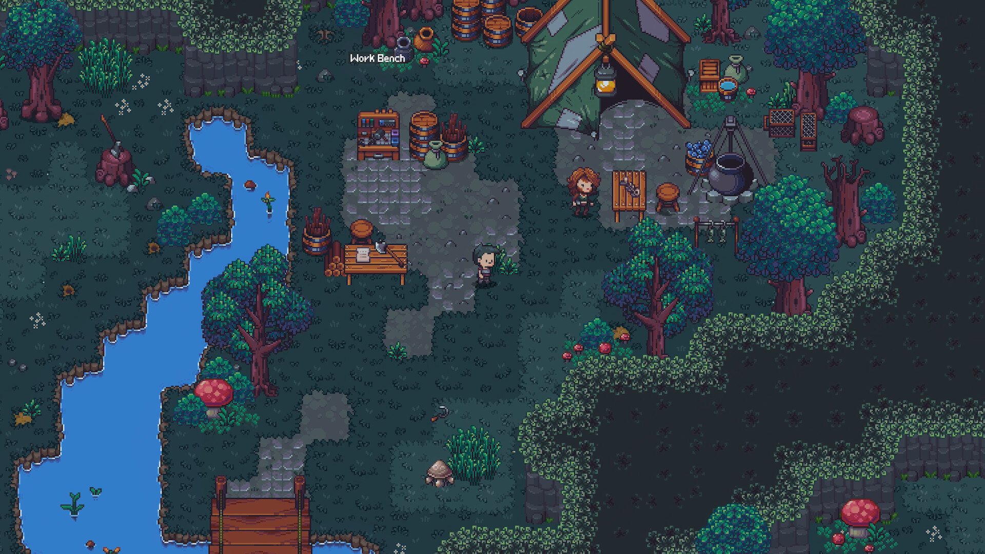A riverside camp with a workbench and pixel-art characters in Emberville