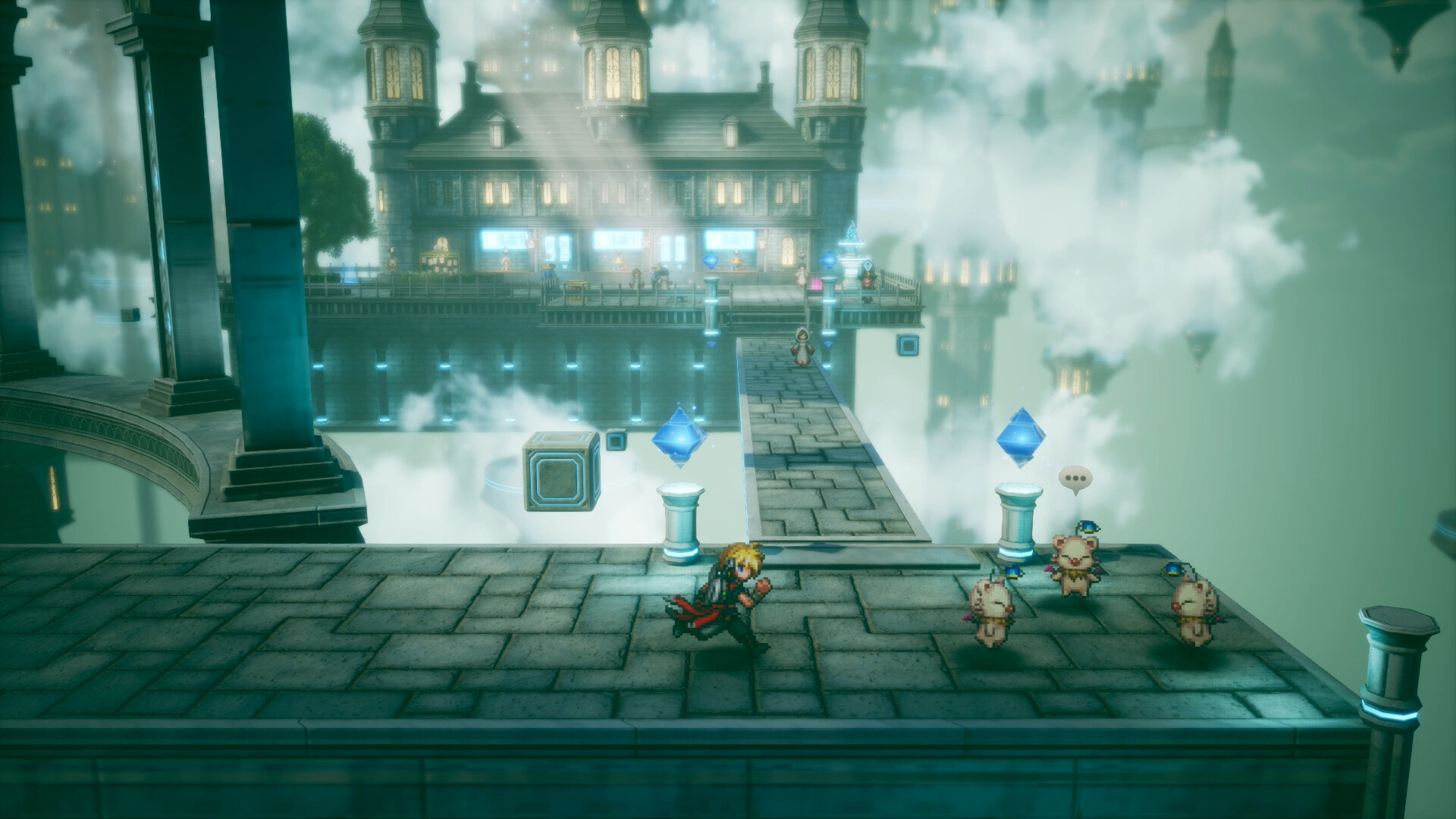 A character and moogles on a bridge in a floating town in FINAL FANTASY RESONANCE
