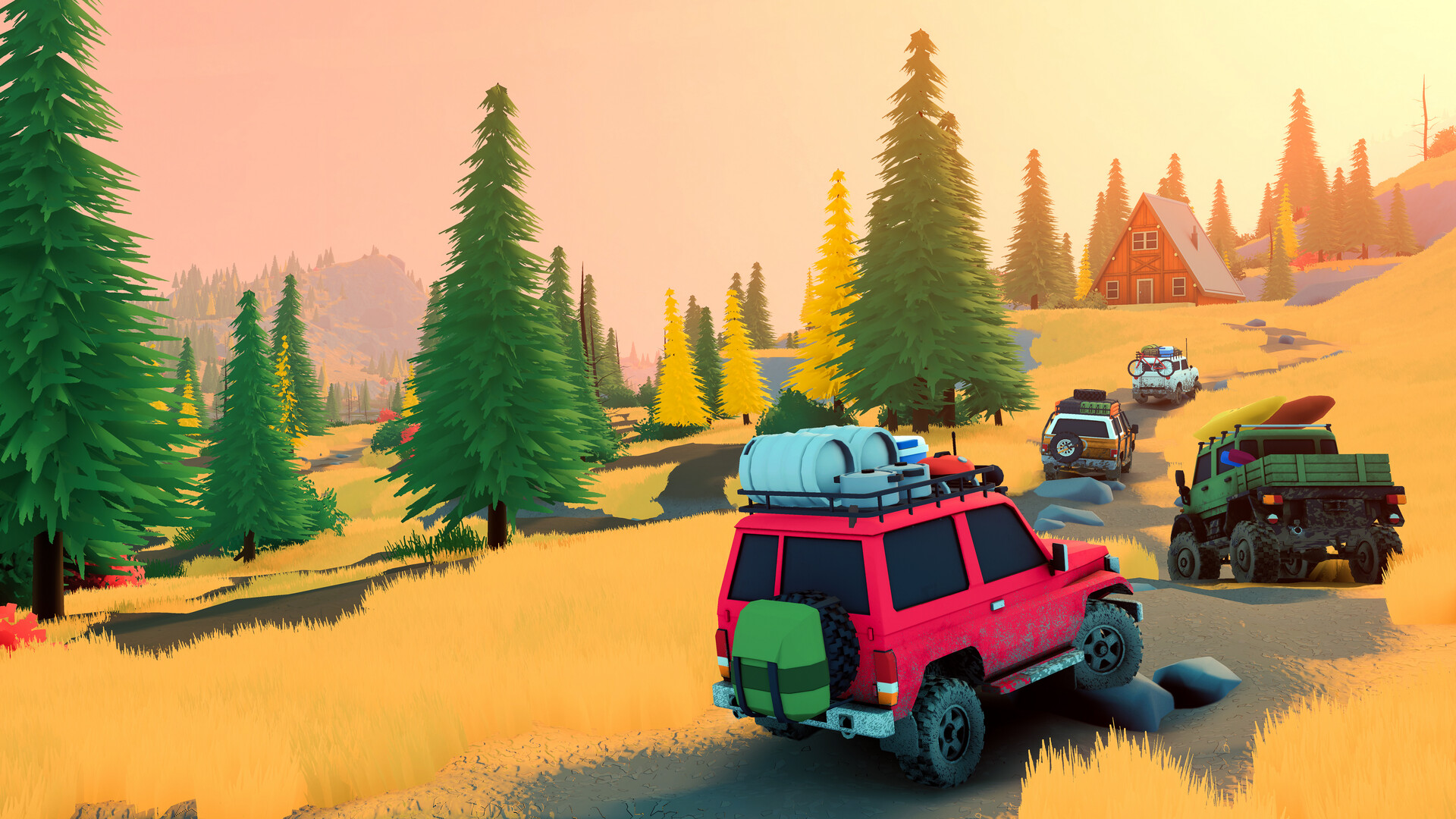 Four off-road vehicles travel a forest trail in over the hill