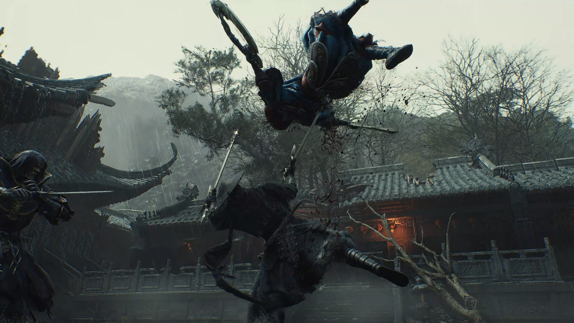 Sword fighters clash in a temple courtyard in Phantom Blade Zero