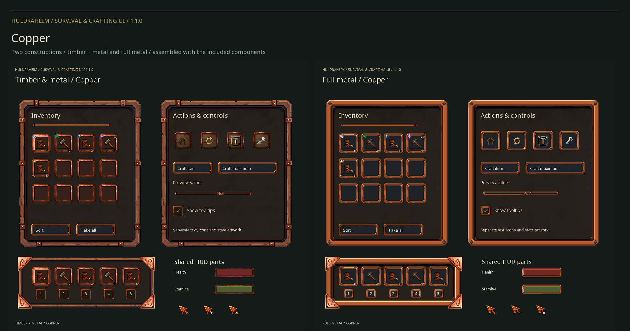 Copper UI in timber and full-metal layouts, with buttons, item overlays and action bars