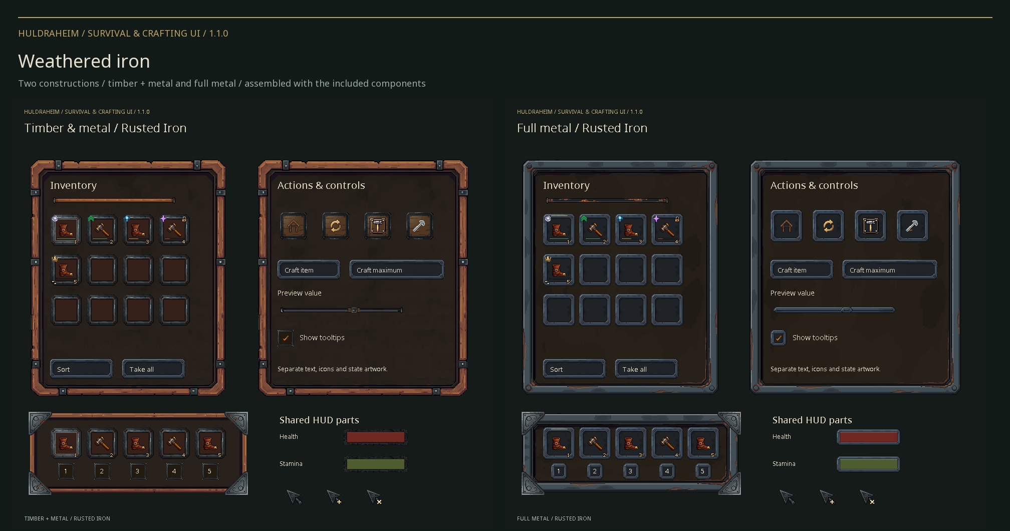 Rusted iron UI in timber and full-metal constructions